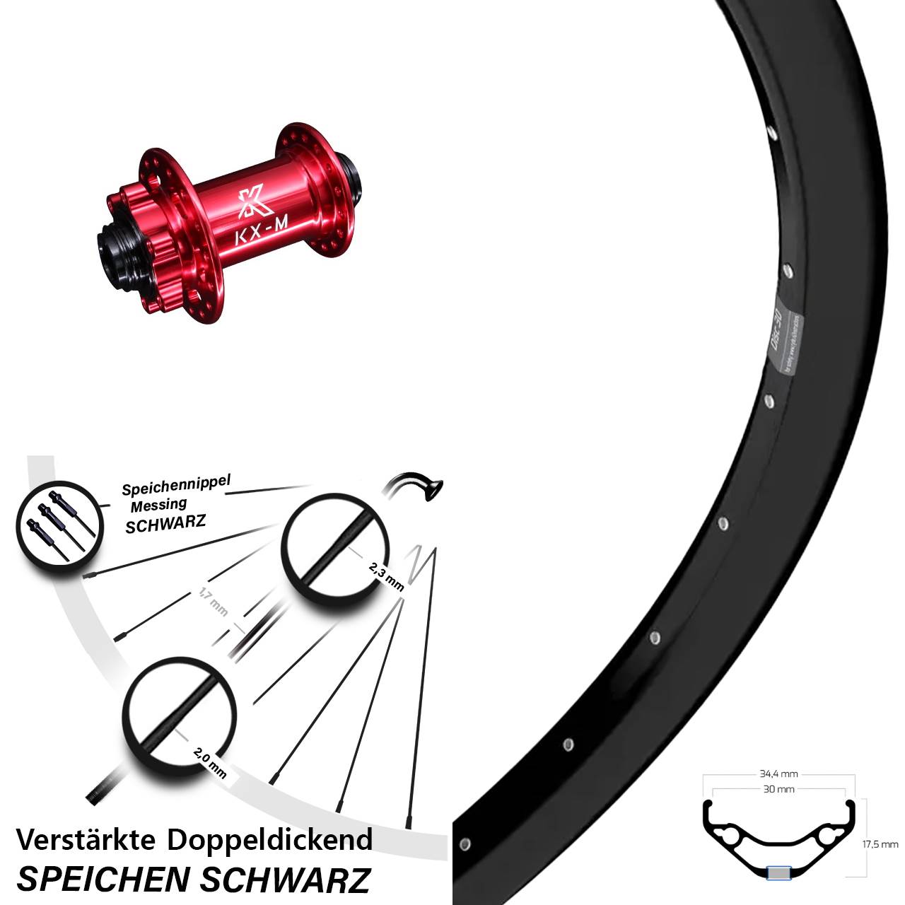 Vorderrad 15x100 27,5 Zoll Ryde Disc 30 KX-M rot