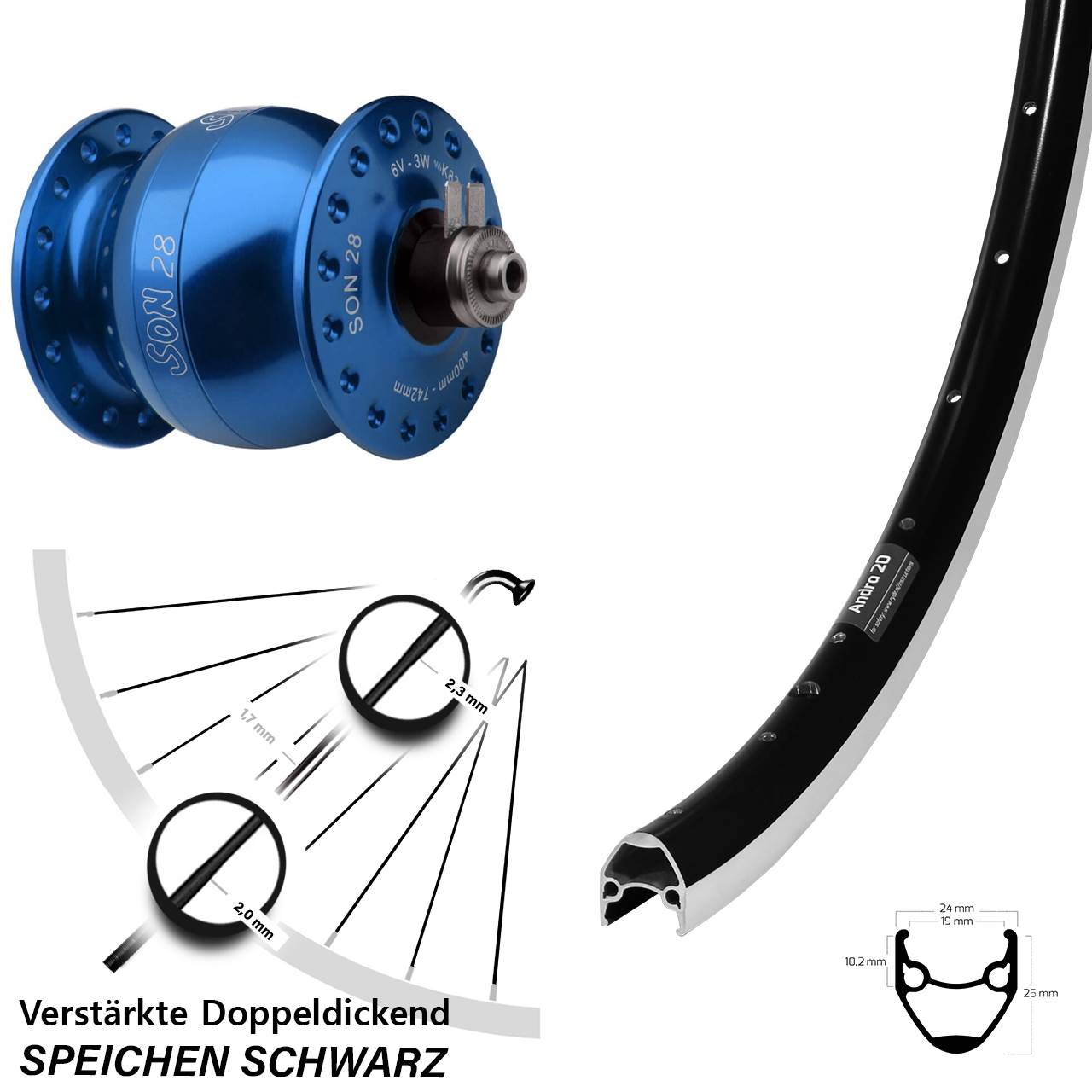 Vorderrad mit Nabendynamo SON 28 Zoll Ryde Andra 20 blau für Schnellspanner