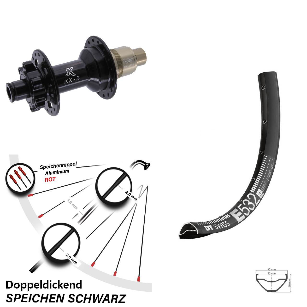 27,5 Zoll DT Swiss E 532 Hinterrad KX-B 6-Loch XD 12x148