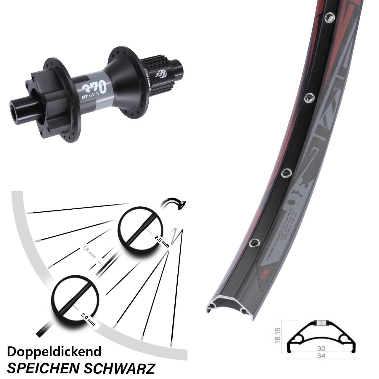 Disc Laufrad 29 Zoll Rodi TRYP30 DT Swiss 370 Shimano Micro Spline 12x148 Boost