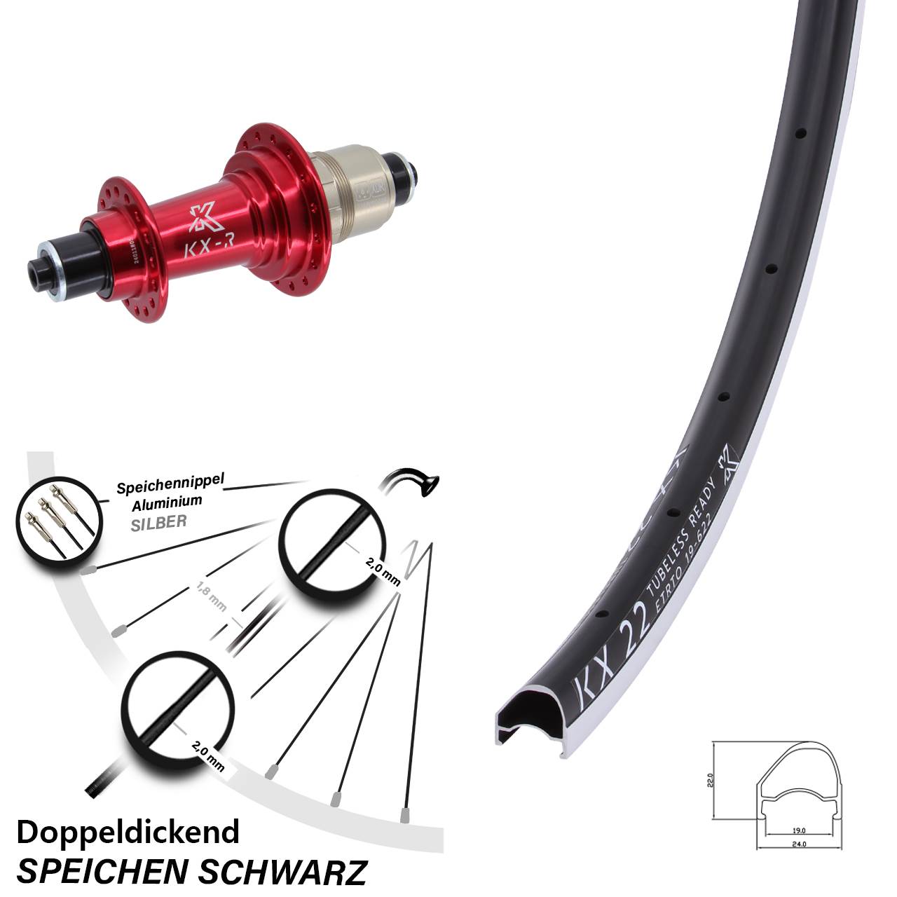 Laufrad hinten 28 Zoll KX 22 OS KX-R rot QR