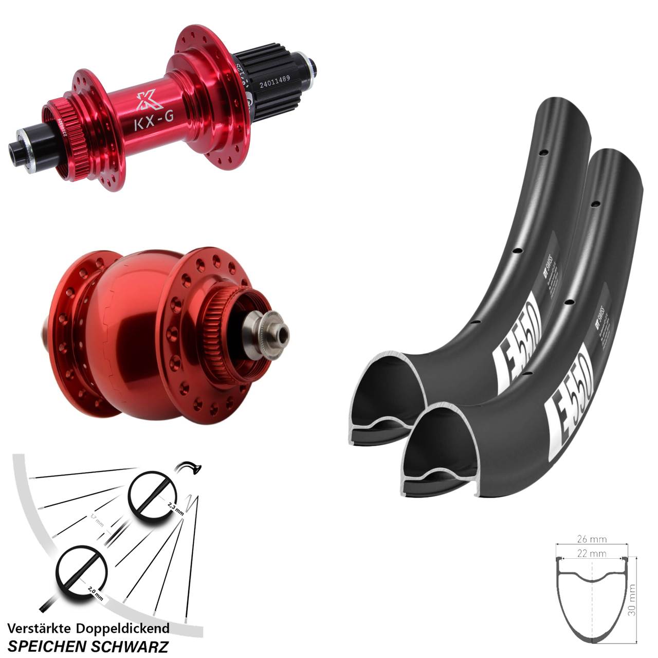 DT Swiss E 550 KX-G rot SON 28 Zoll Disc Laufradsatz für Schnellspanner Micro Spline