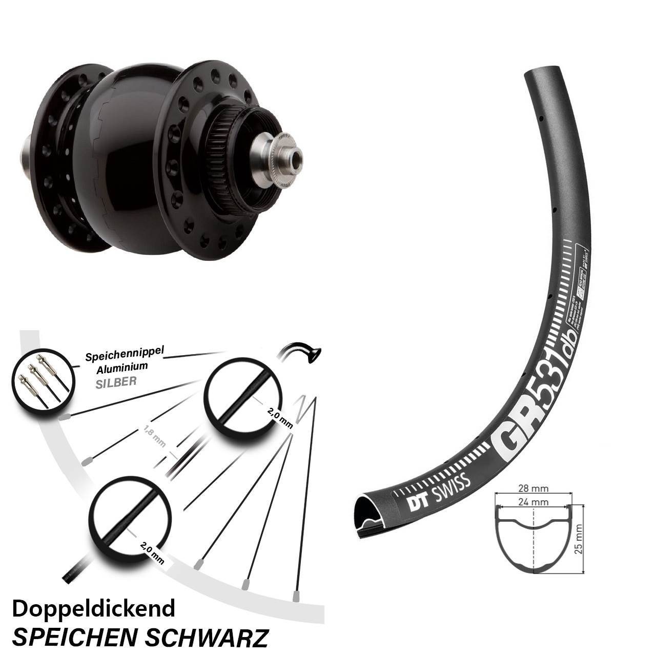 Disc Laufrad mit Nabendynamo für Schnellspanner 27,5 Zoll DT Swiss GR531 SON 28
