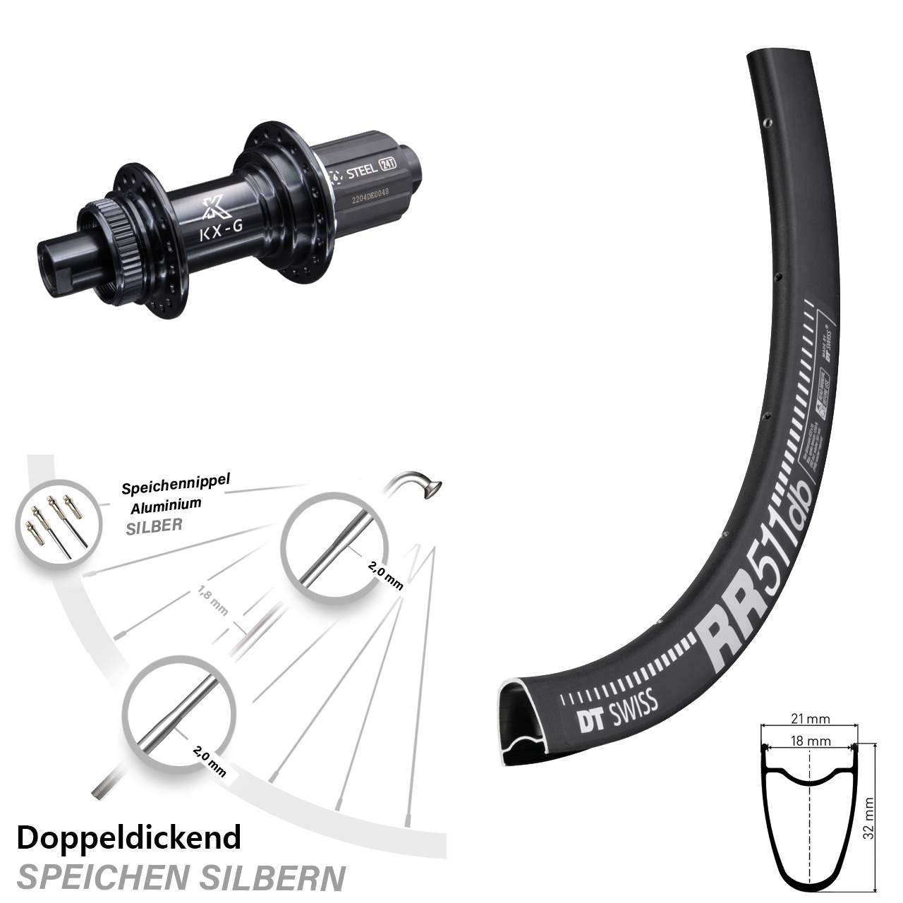 KX-GS schwarz Centerlock DT Swiss RR 511 DB Hinterrad 28 Zoll für Steckachse