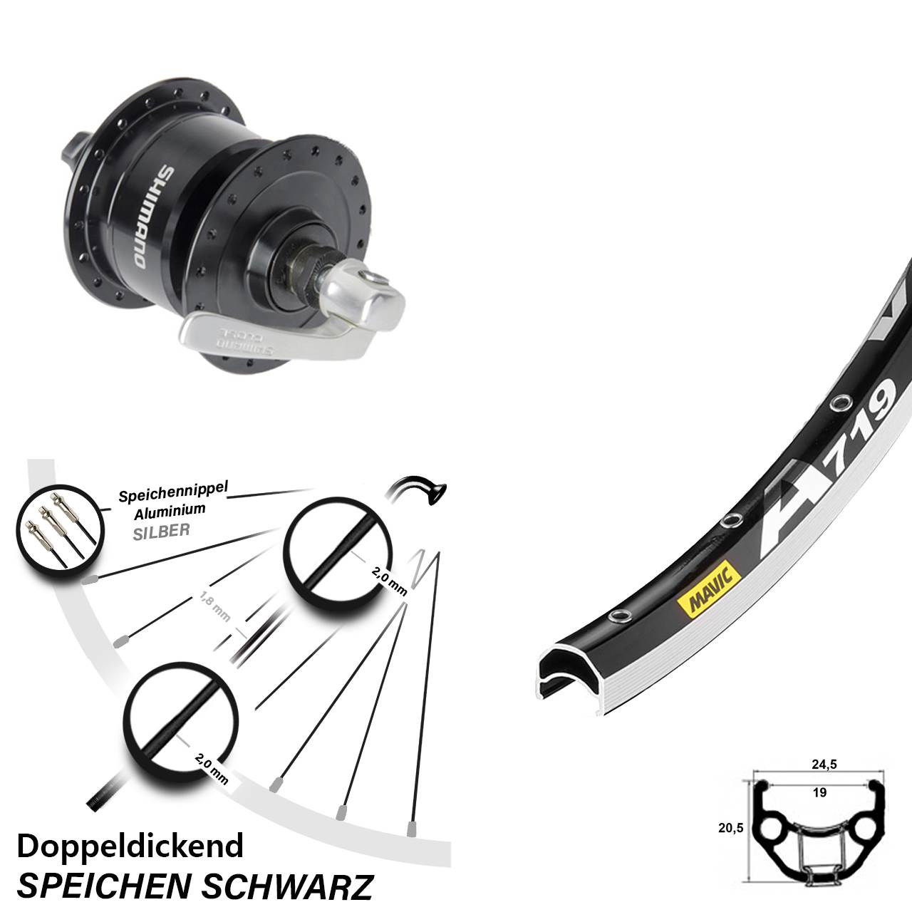 28 Zoll Mavic A 719 Shimano DH3N72 Nabendynamovorderrad für Schnellspanner
