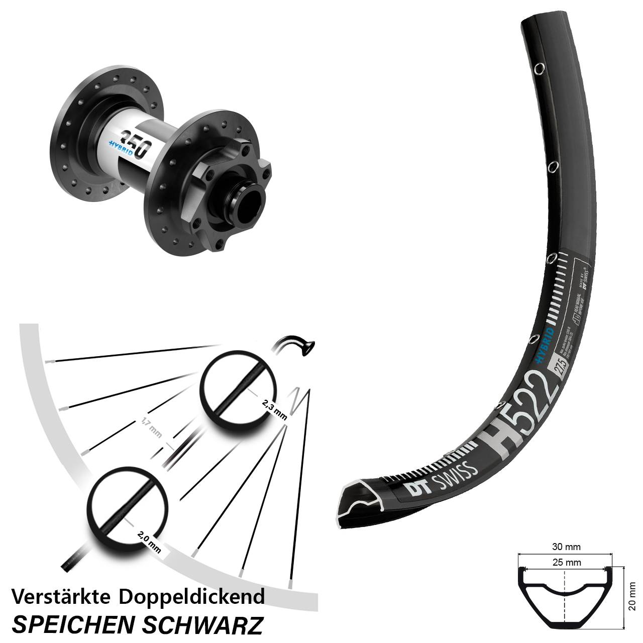 DT Swiss H 522 Hybrid 350 28 Zoll Disc Laufrad für Schnellspanner