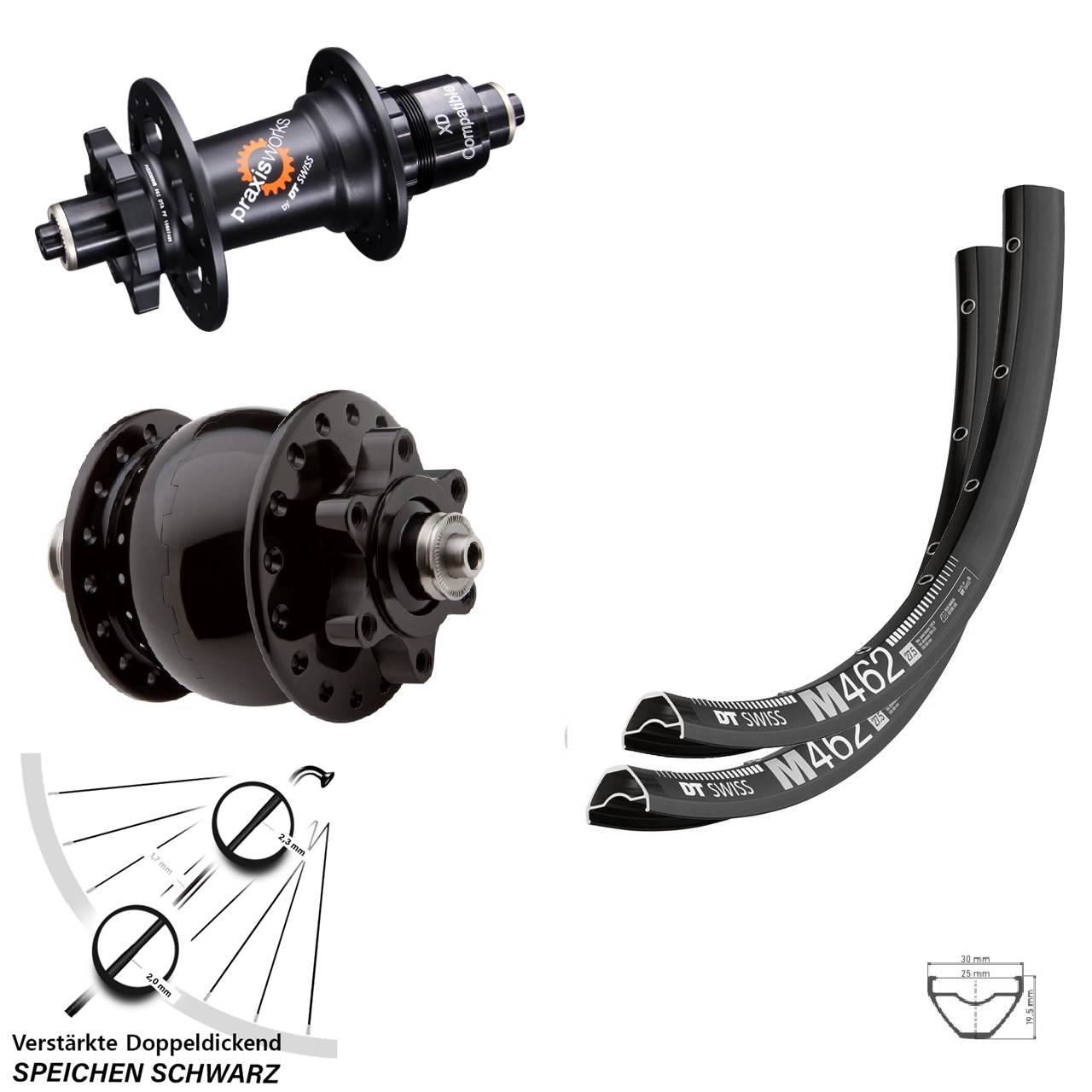 27,5 Zoll DT Swiss M 462-350 SON 28 6-Loch Laufradsatz QR SRAM XD