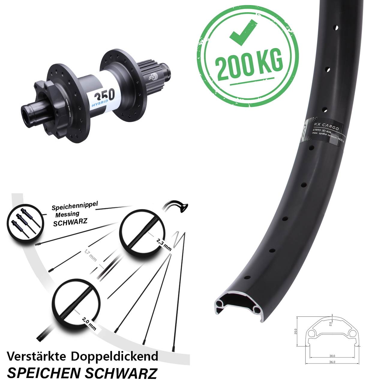 Boost Disc Hinterrad 12x148 20 Zoll KX Cargo DT Swiss Hybrid 350 Shimano Micro Spline