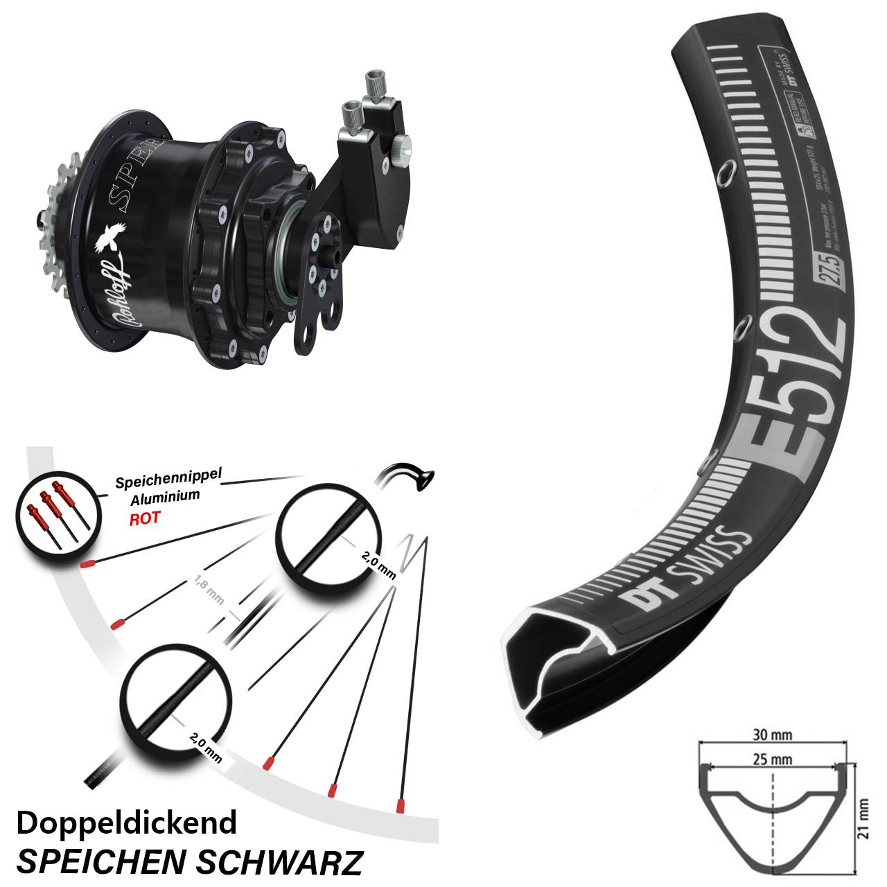 Hinterrad 29 Zoll DT Swiss E 512 Disc Rohloff Speedhub 500/14 CC DB Tandem schwarz