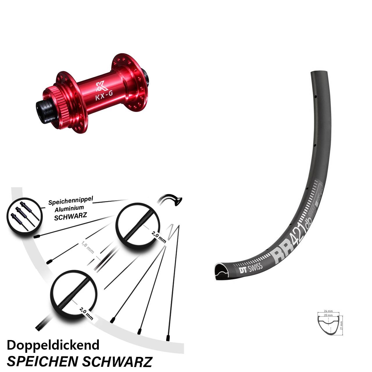 28 Zoll Vorderrad KX-G Nabe rot-eloxiert mit DT Swiss RR 421 DB Steckachse