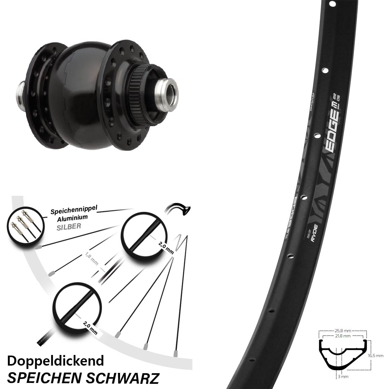 29 Zoll Ryde Edge M22 SONdelux Dynamo-Vorderrad Centerlock 12x100