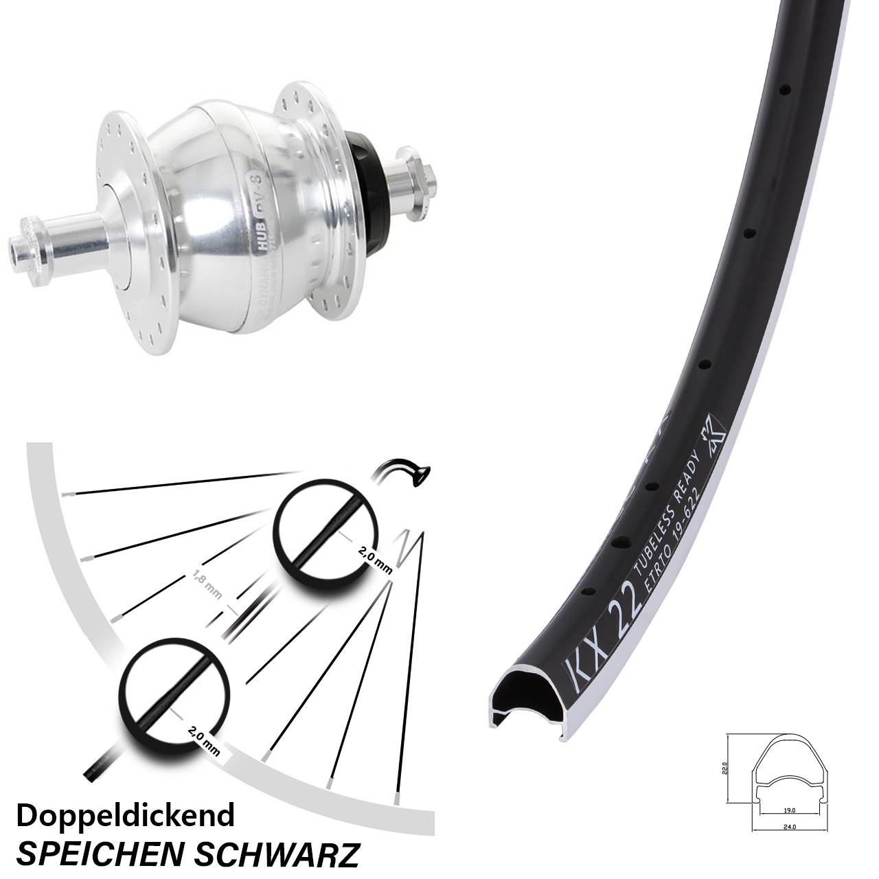 28 Zoll KX 22 Shutter Precision PV-8 Dynamo-Vorderrad für Schnellspanner