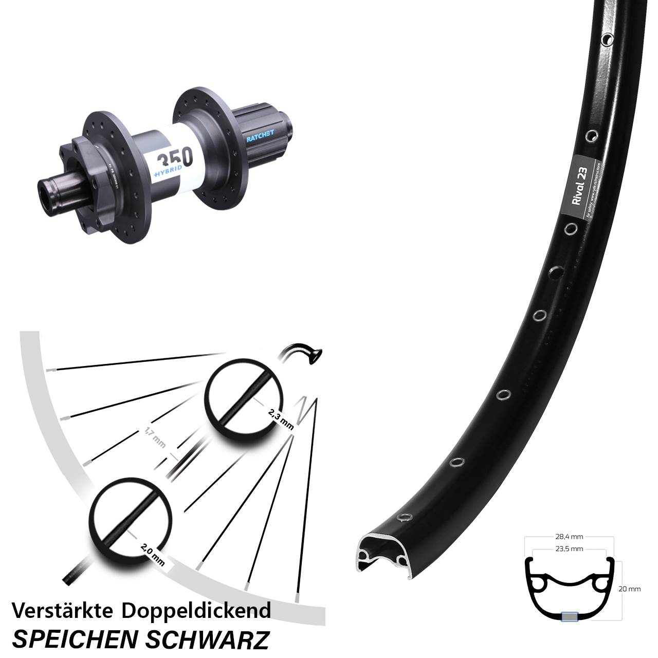 Hinterrad 6-Loch 650B Ryde Rival 23 DT Swiss 350 Hybrid 8-11 fach HG 12x148