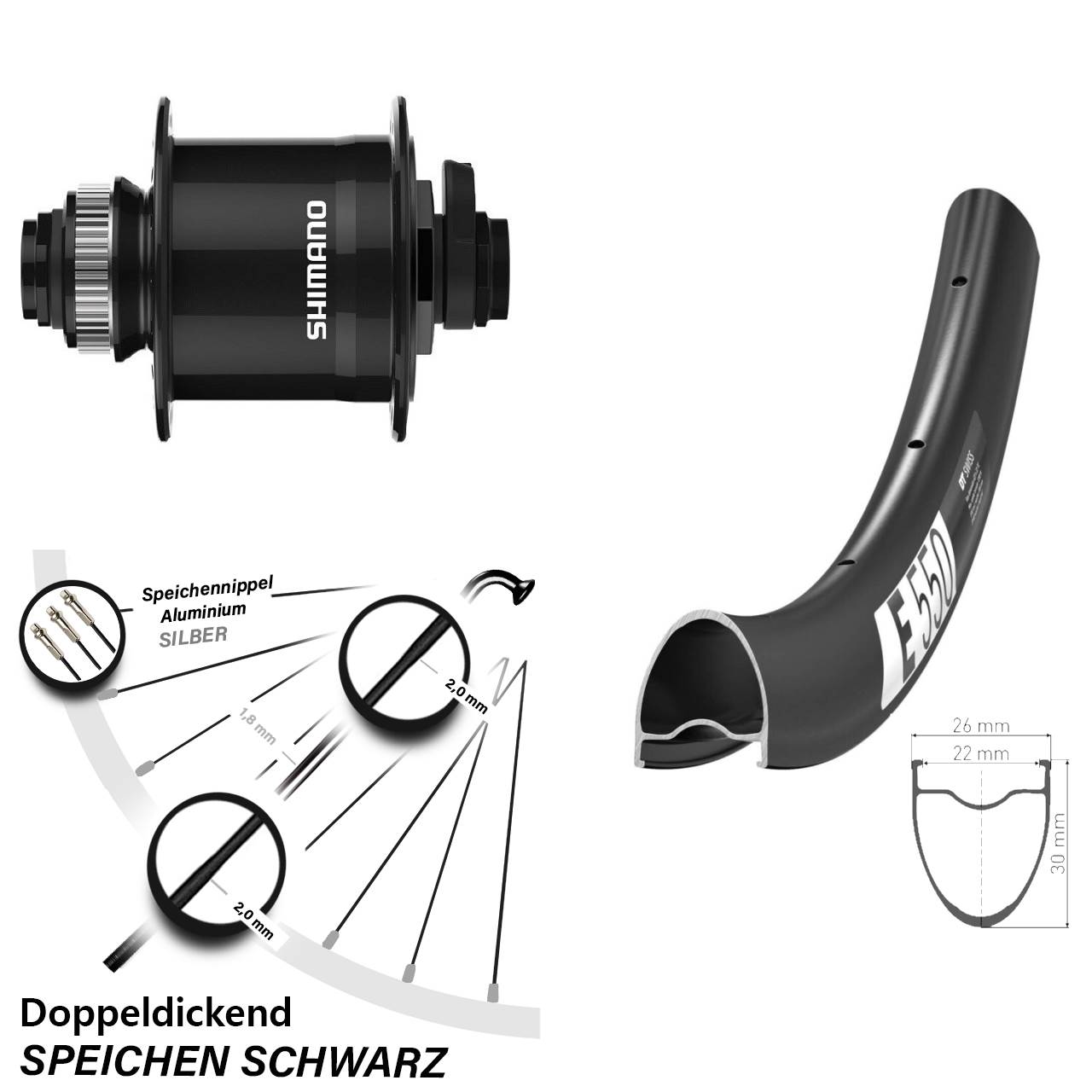 DT Swiss E 550 Shimano DH-UR708 28 Zoll Disc Vorderrad mit Nabendynamo 15x100