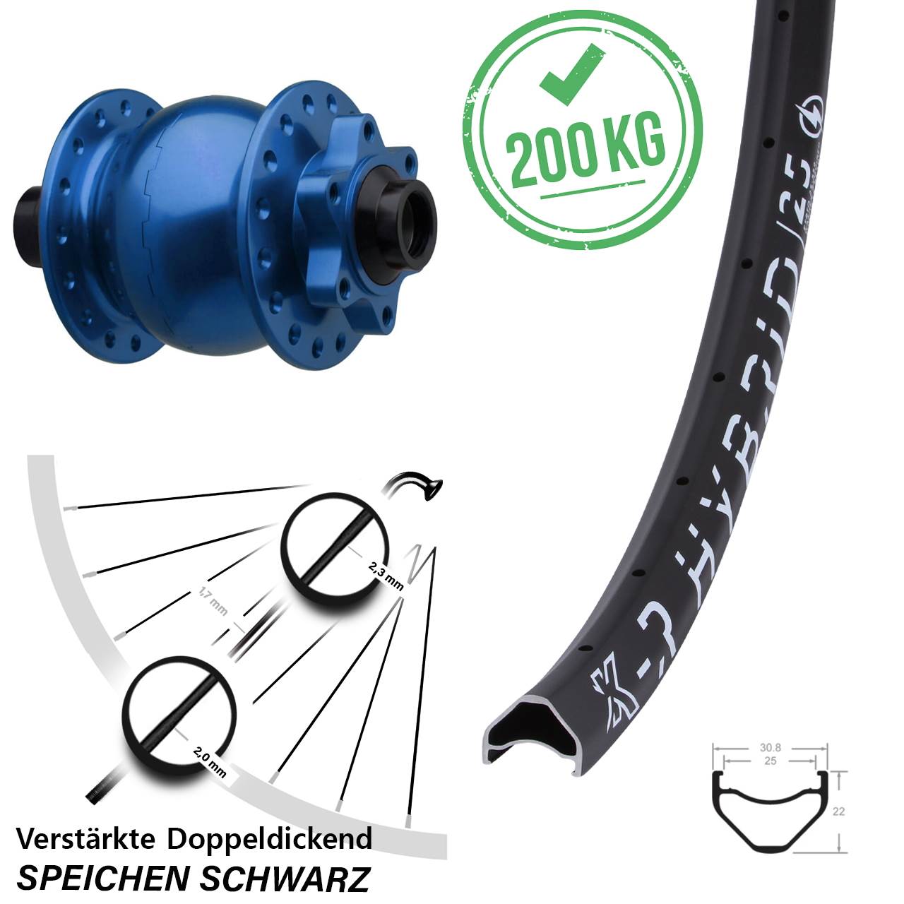 Boost Nabendynamovorderrad 6-Loch 15x110 26 Zoll KX-R Hybrid 25 SON 28 blau