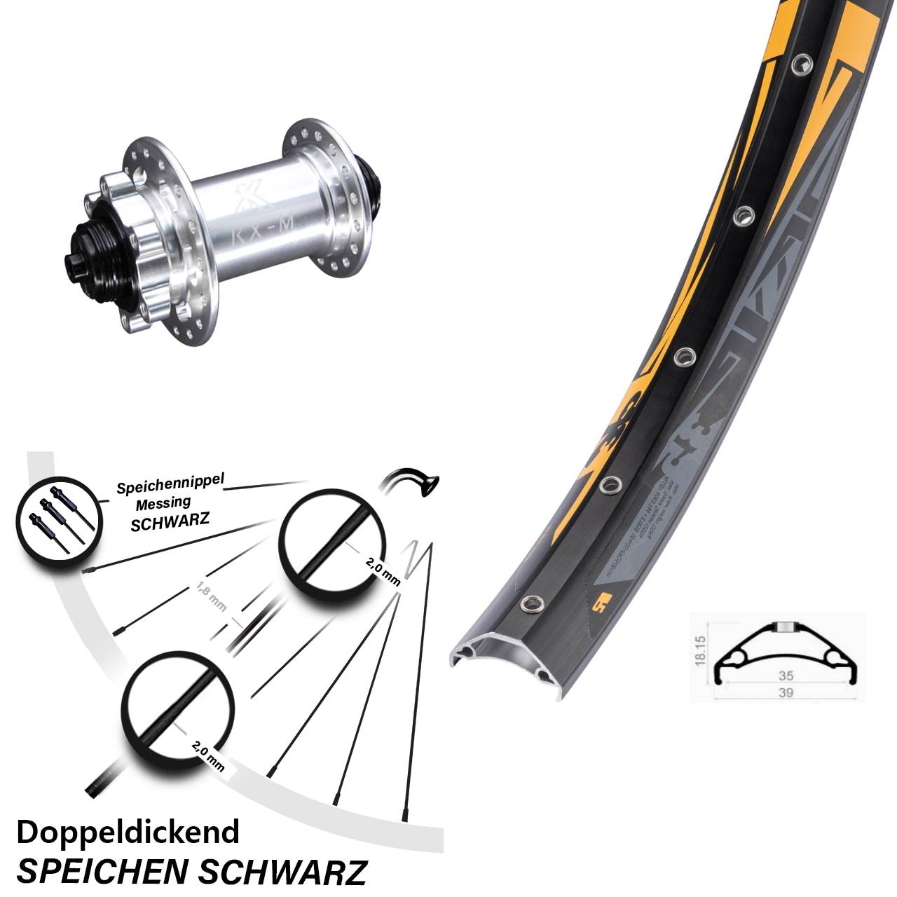 27,5 Zoll Rodi TRYP 35 KX-M 6-Loch Vorderrad QR