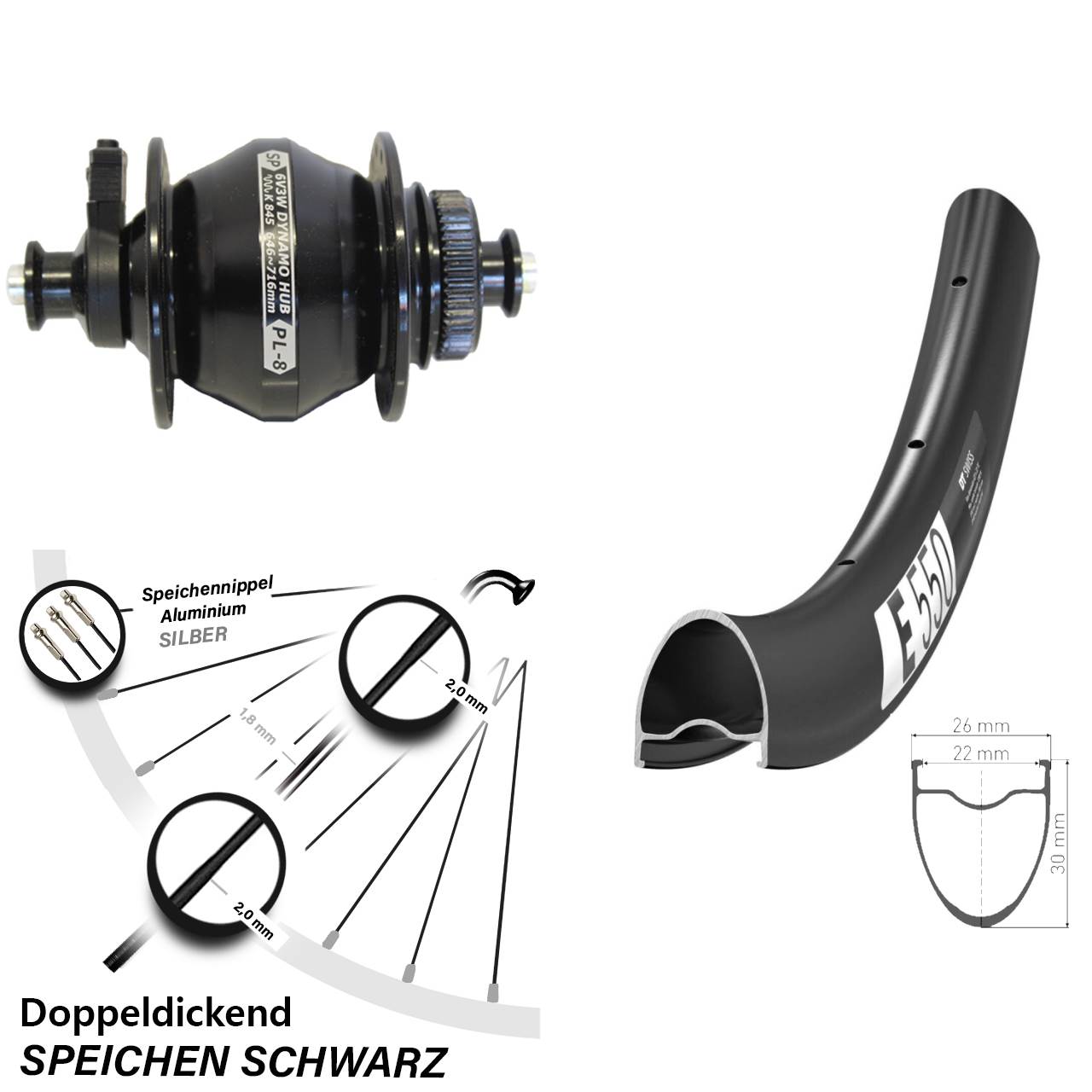 Disc Nabendynamovorderrad 28 Zoll DT Swiss E550 Shutter PL-8 für Schnellspanner