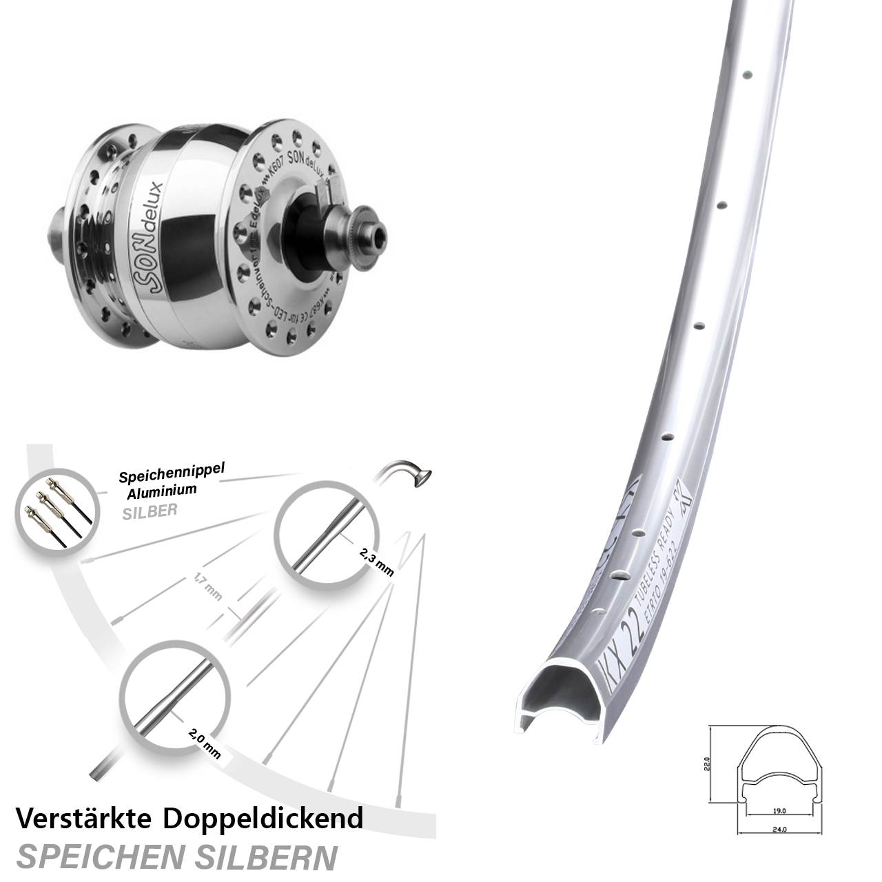 Vorderrad 28 Zoll KX 22 silbern SON delux Felgenbremse QR silbern poliert