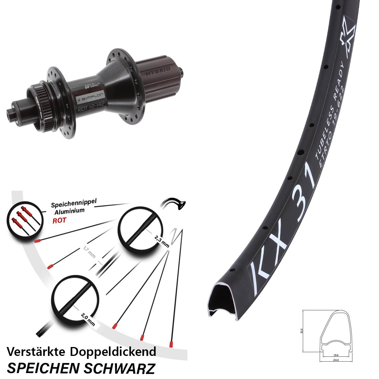 28 Zoll KX 31 Offset DT Swiss 370 Hybrid Disc Hinterrad QR 8-11 fach