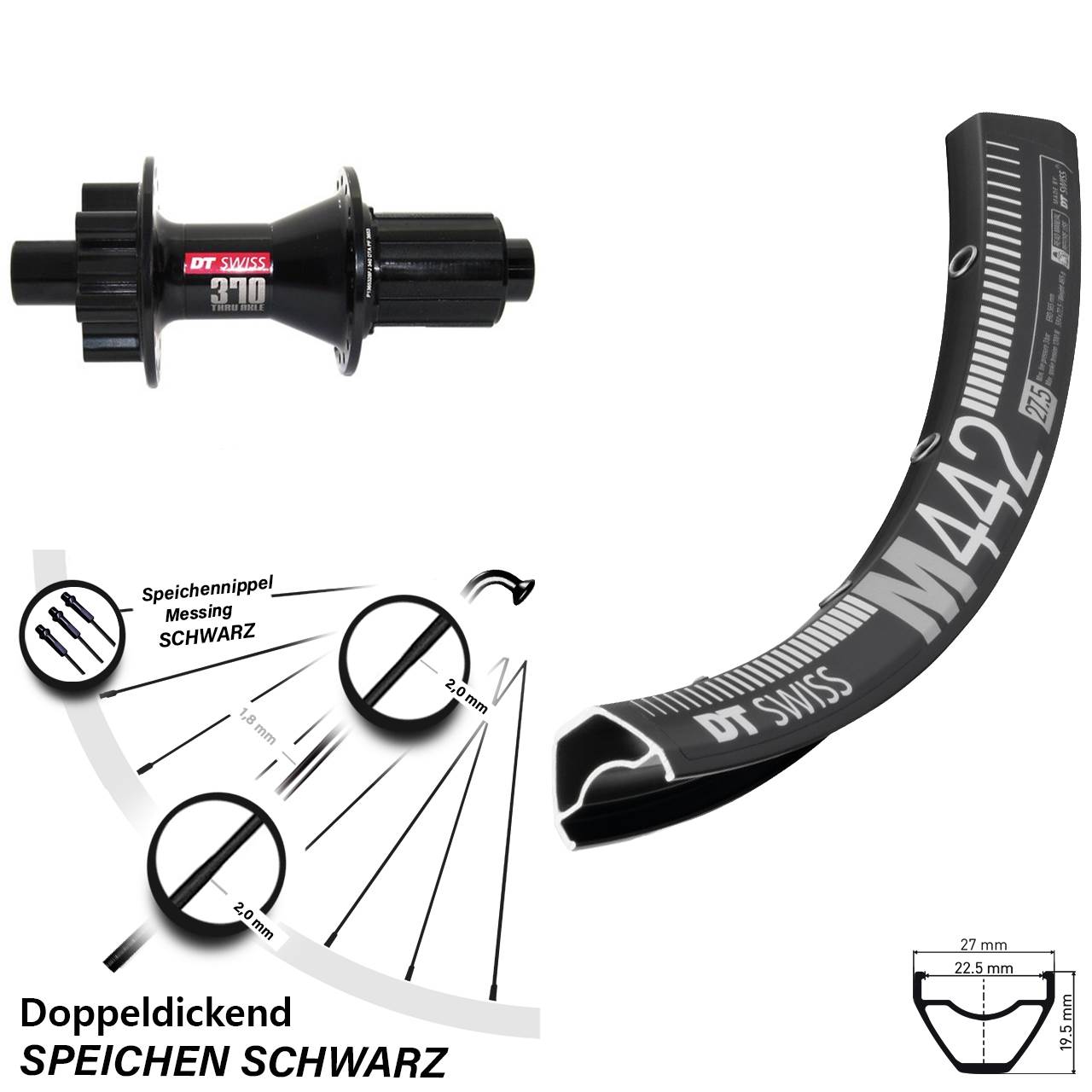 6-Loch Hinterrad 12x142 28 Zoll DT Swiss M442-370 8-11 fach