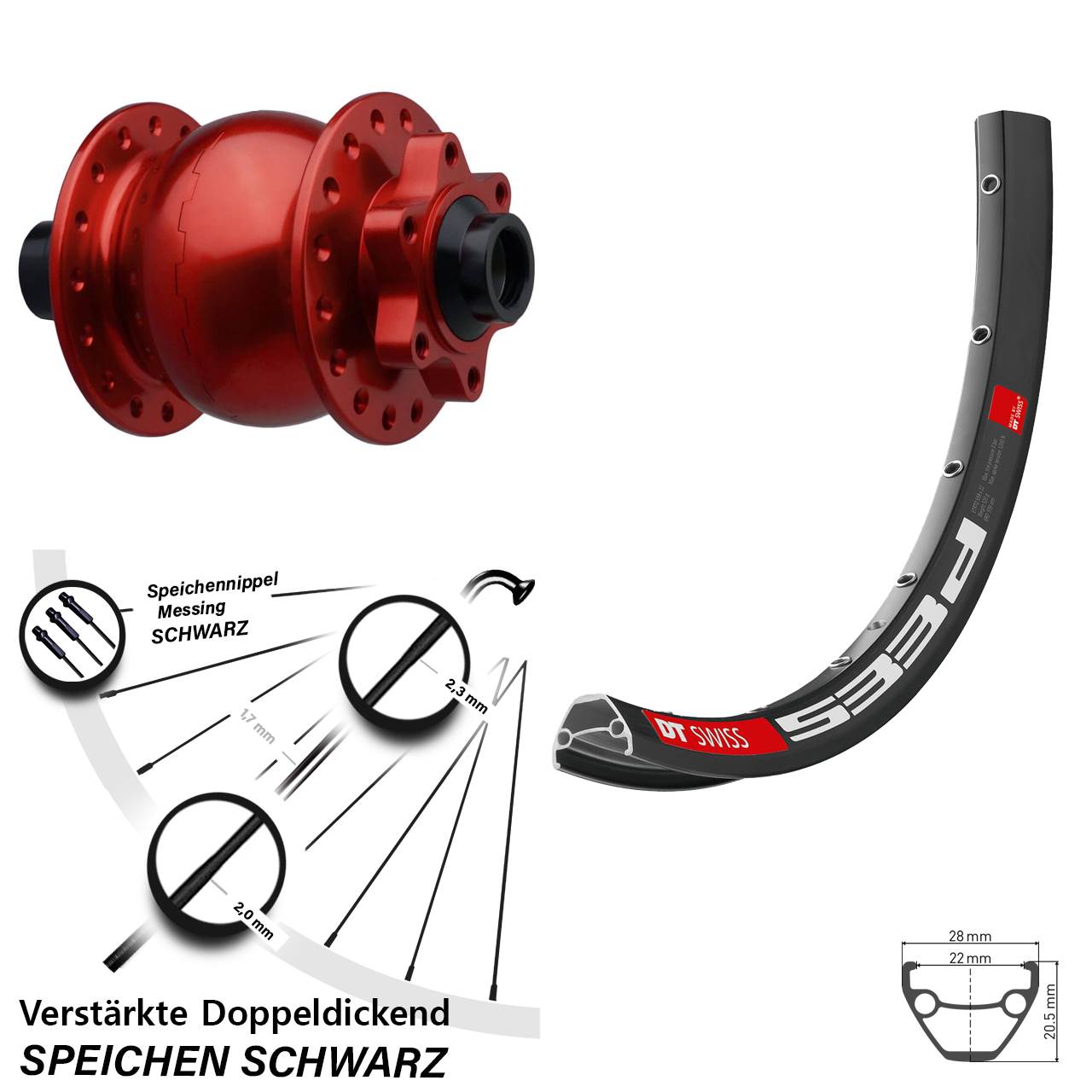 Nabendynamovorderrad 6-Loch 26 Zoll DT Swiss 533d SON 28 rot 15x110 Boost