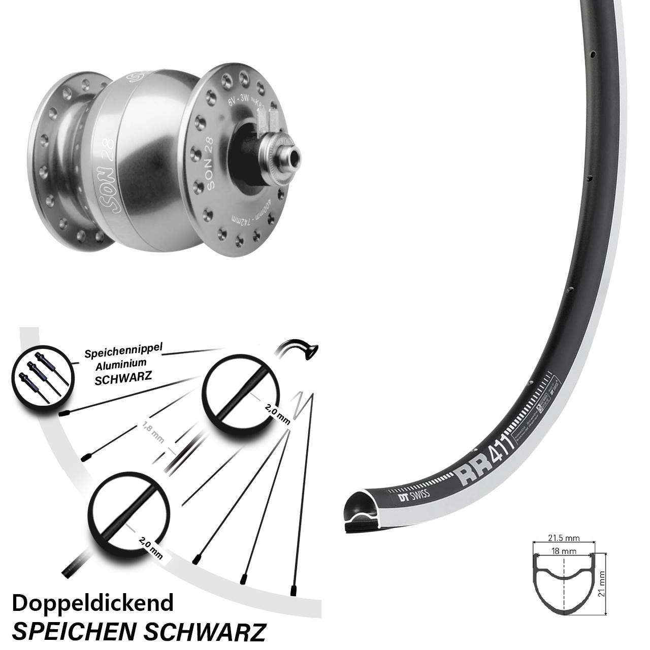 Vorderrad Fahrrad Son 28 Zoll DT Swiss RR 411 Nabendynamo silber eloxiert