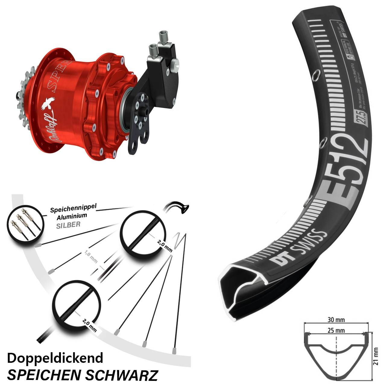 Hinterrad 27,5 Zoll DT Swiss E 512 Disc Rohloff Speedhub 500/14 CC DB Tandem rot