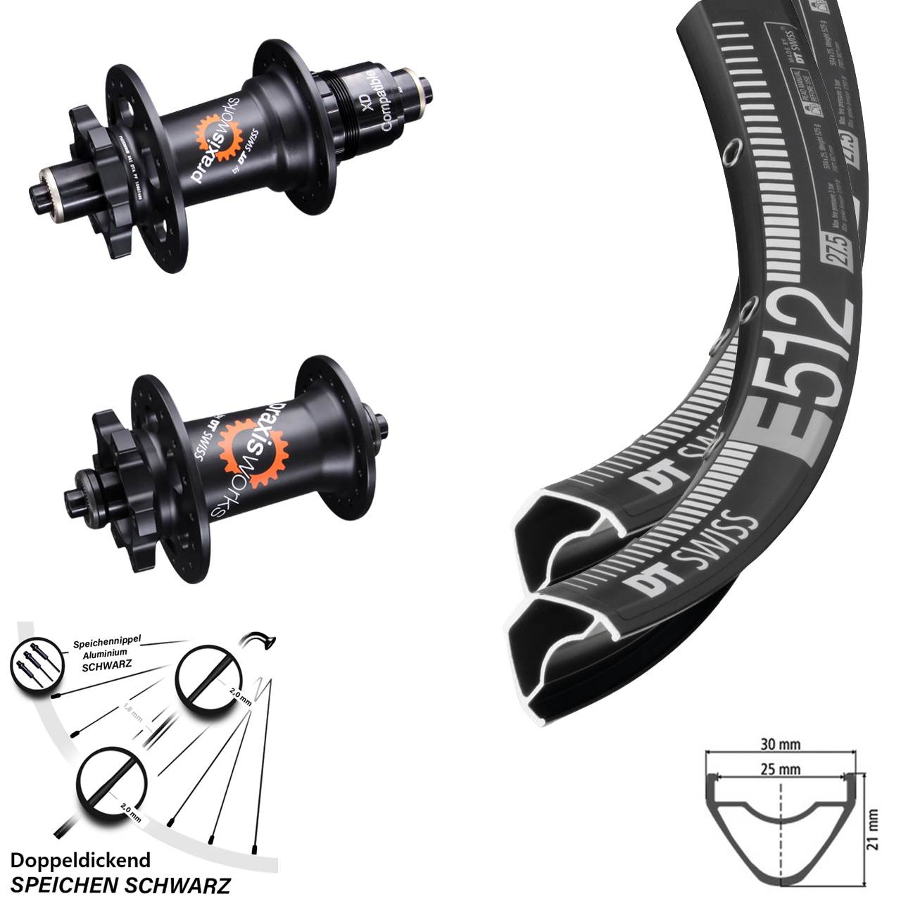 DT Swiss E 512-350 QR 29 Zoll Laufrad-Satz für Schnellspanner Disc 6-Loch Sram XD