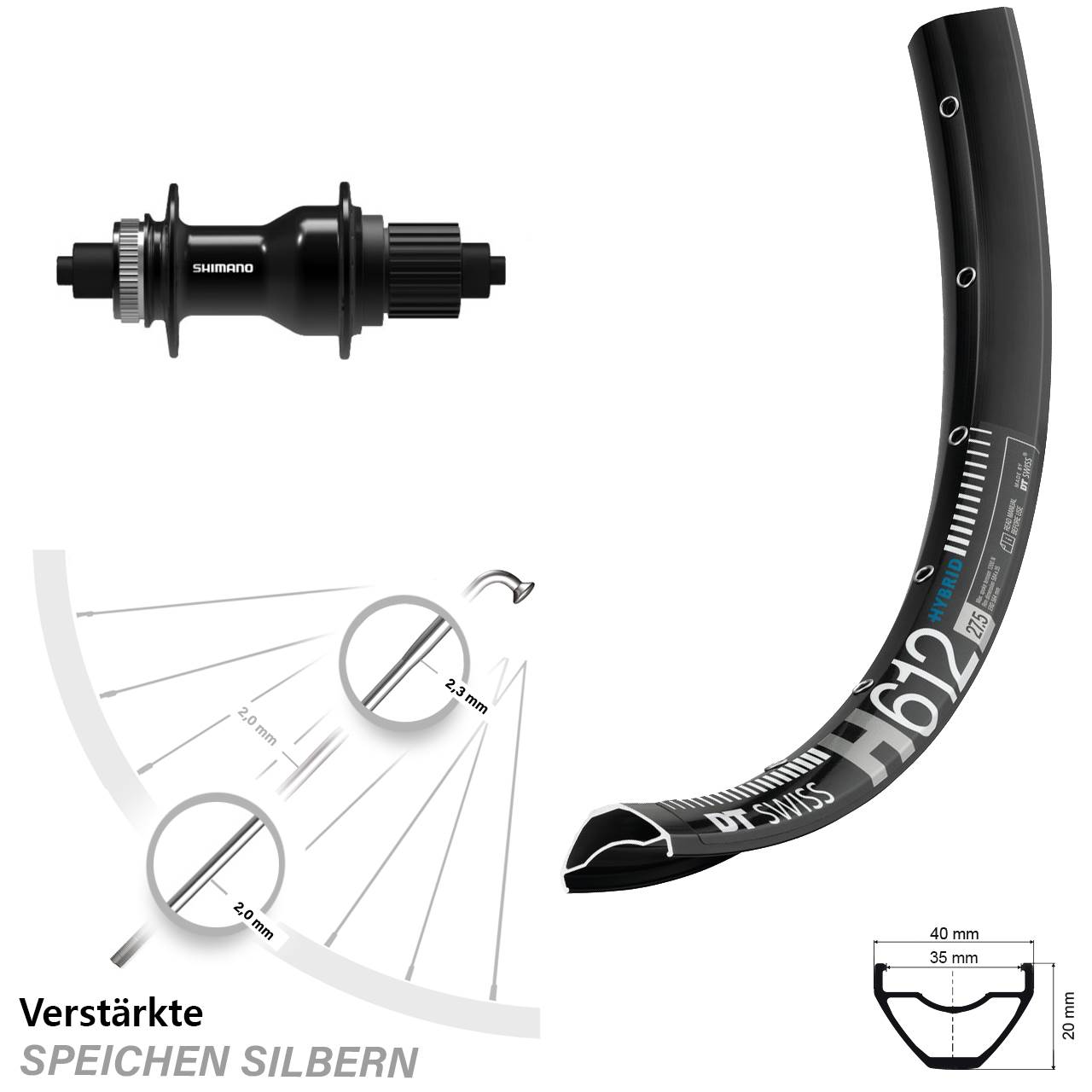 Hinterrad Centerlock 27,5 Zoll DT Swiss H612 Shimano FH-QC500-B Micro Spline QR Boost