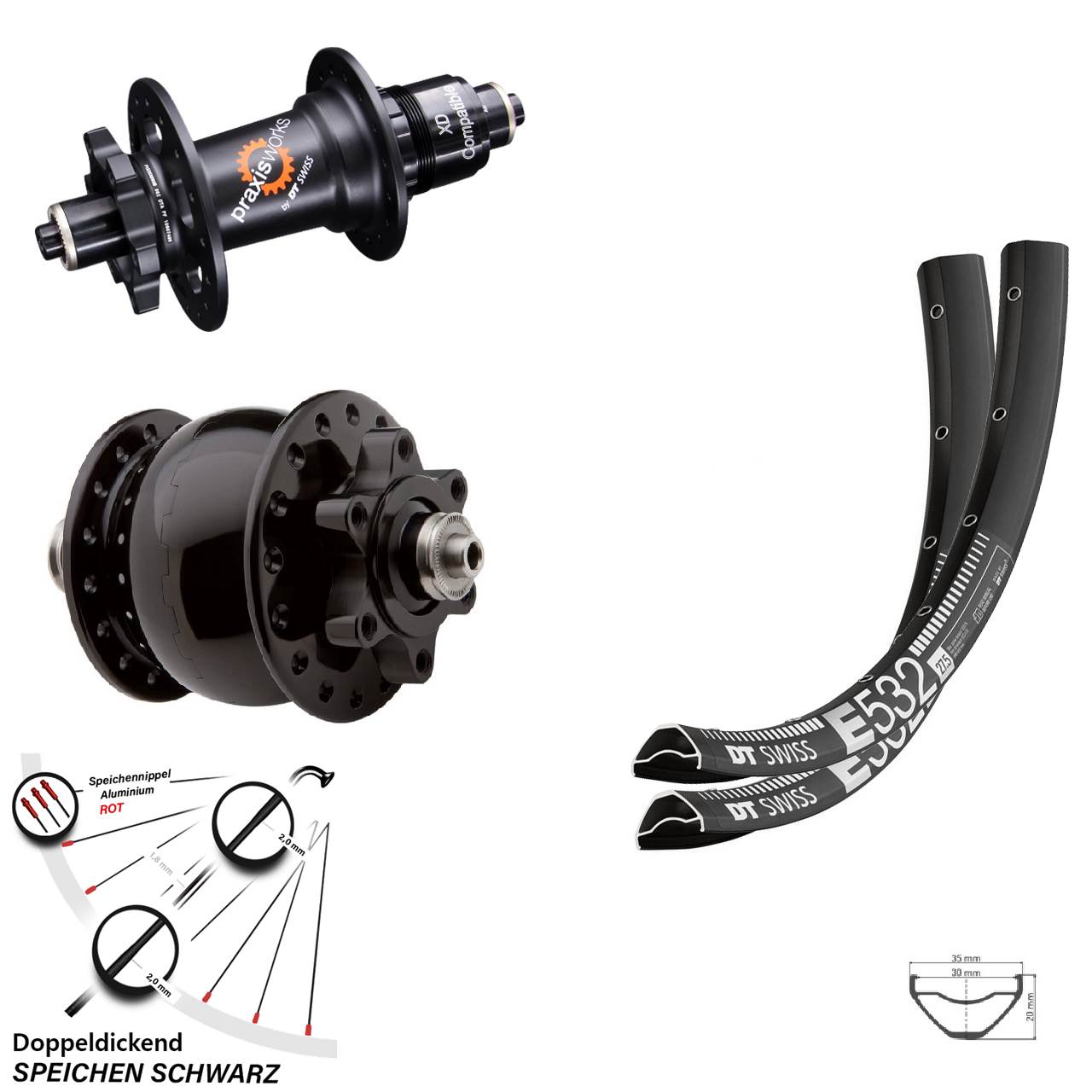 Laufradsatz 29 Zoll DT Swiss E532-350 SON 28 Disc 6-Loch Sram XD für Schnellspanner