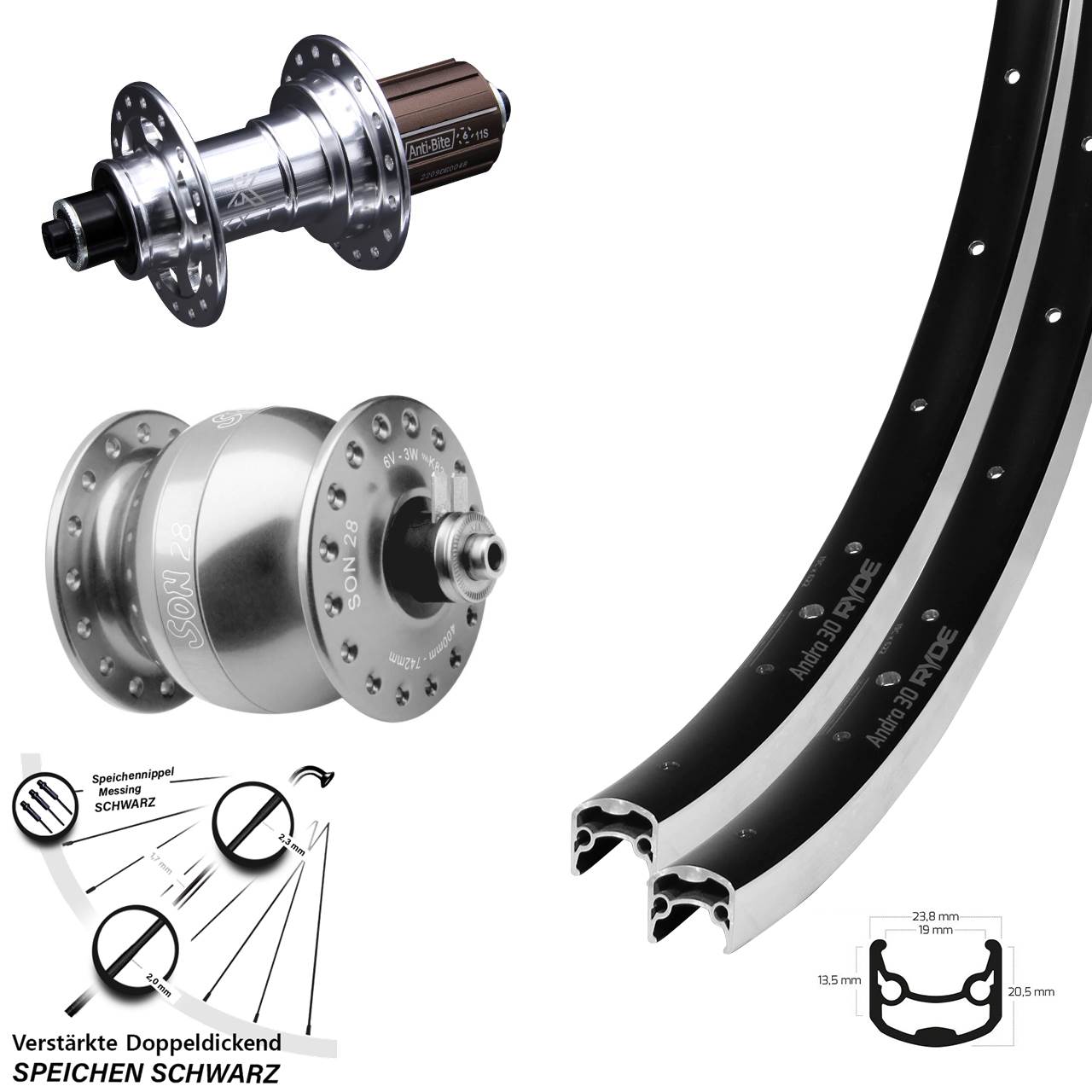 Ryde Andra 30 KX-T SON 28 Zoll Laufrad-Satz für Schnellspanner 8-12 fach HG