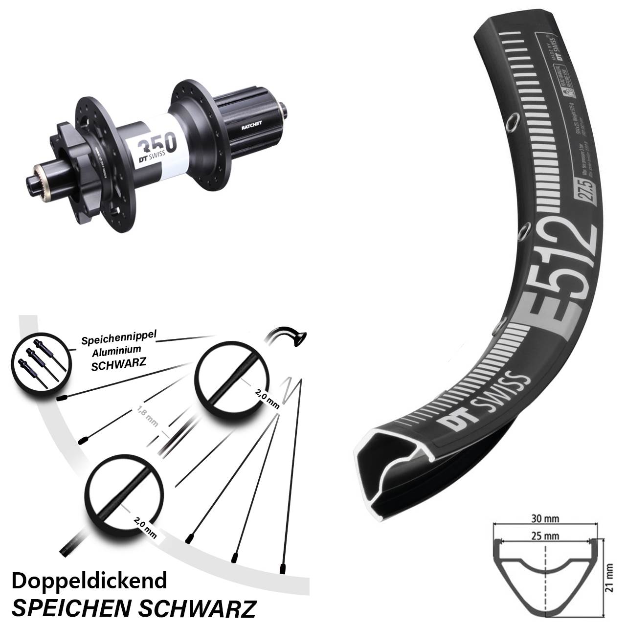 27,5 Zoll DT Swiss E512-350 Boost Hinterrad 6-Loch für Schnellspanner Boost 8-11 fach HG