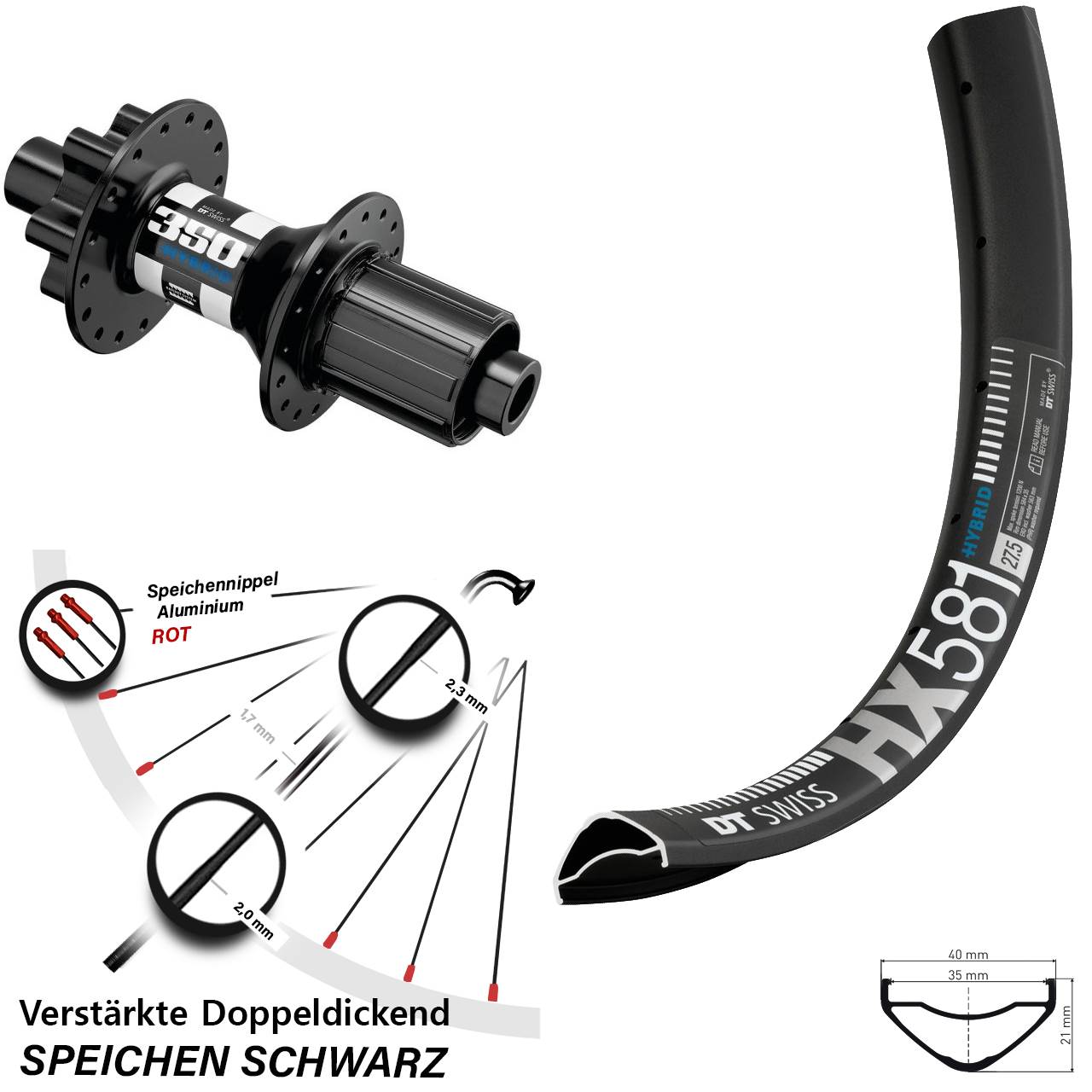 27,5 Zoll HX 581 DT Swiss 350 Hybrid Hinterrad 6-Loch 12x148 Boost 8-11 fach HG