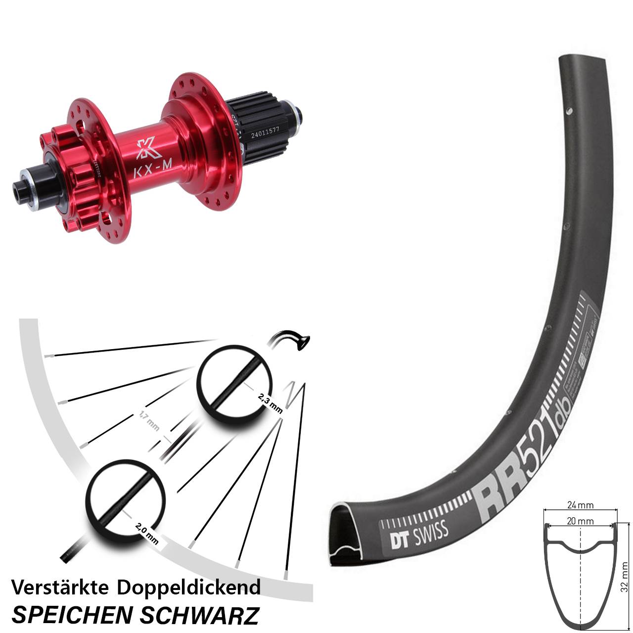 Disc Hinterrad 28 Zoll DT Swiss RR521 KX-M rot Micro Spline QR