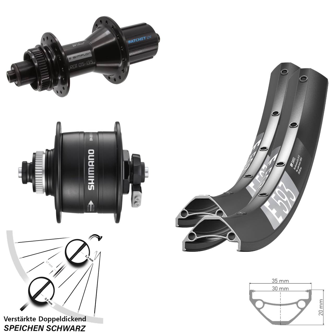 29 Zoll DT Swiss E 593 370 Hybrid Shimano DH-3D37 Laufradsatz Centerlock QR 8-11 fach