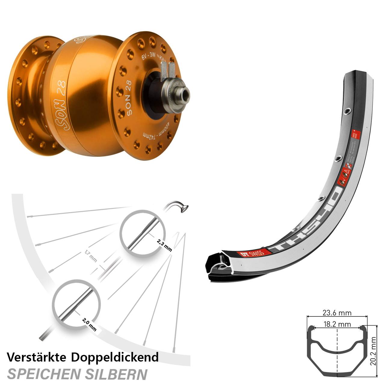 orangener SON 28 Zoll DT Swiss TK 540 Vorderrad mit Nabendynamo für Schnellspanner