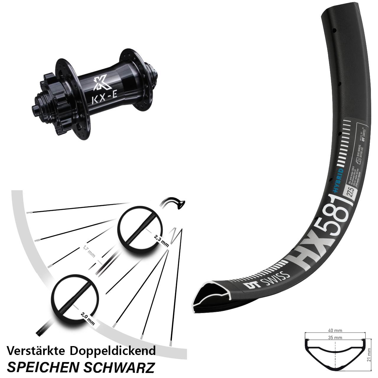 Vorderrad 6-Loch für Schnellspanner 27,5 Zoll DT Swiss HX 581 KX-E