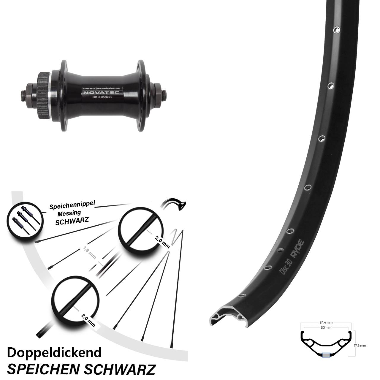 Ryde Disc 30 Novatec D471 27,5 Zoll Vorderrad Centerlock QR