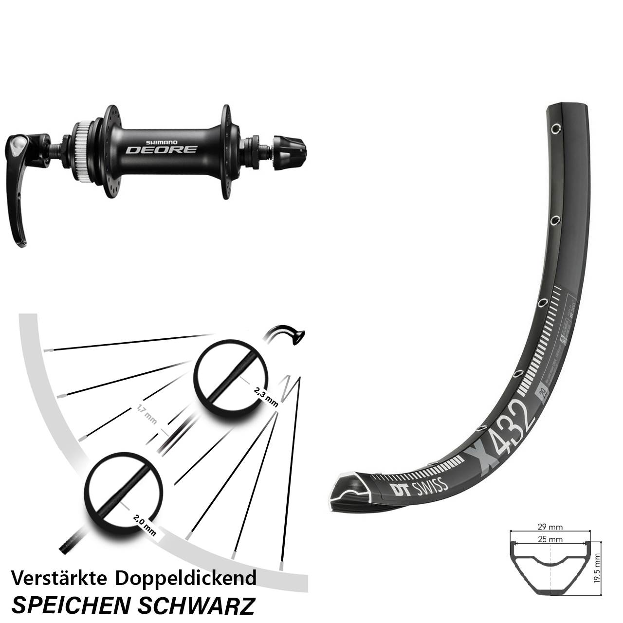 29 Zoll DT Swiss X 432 Shimano Deore Disc Vorderrad für Schnellspanner