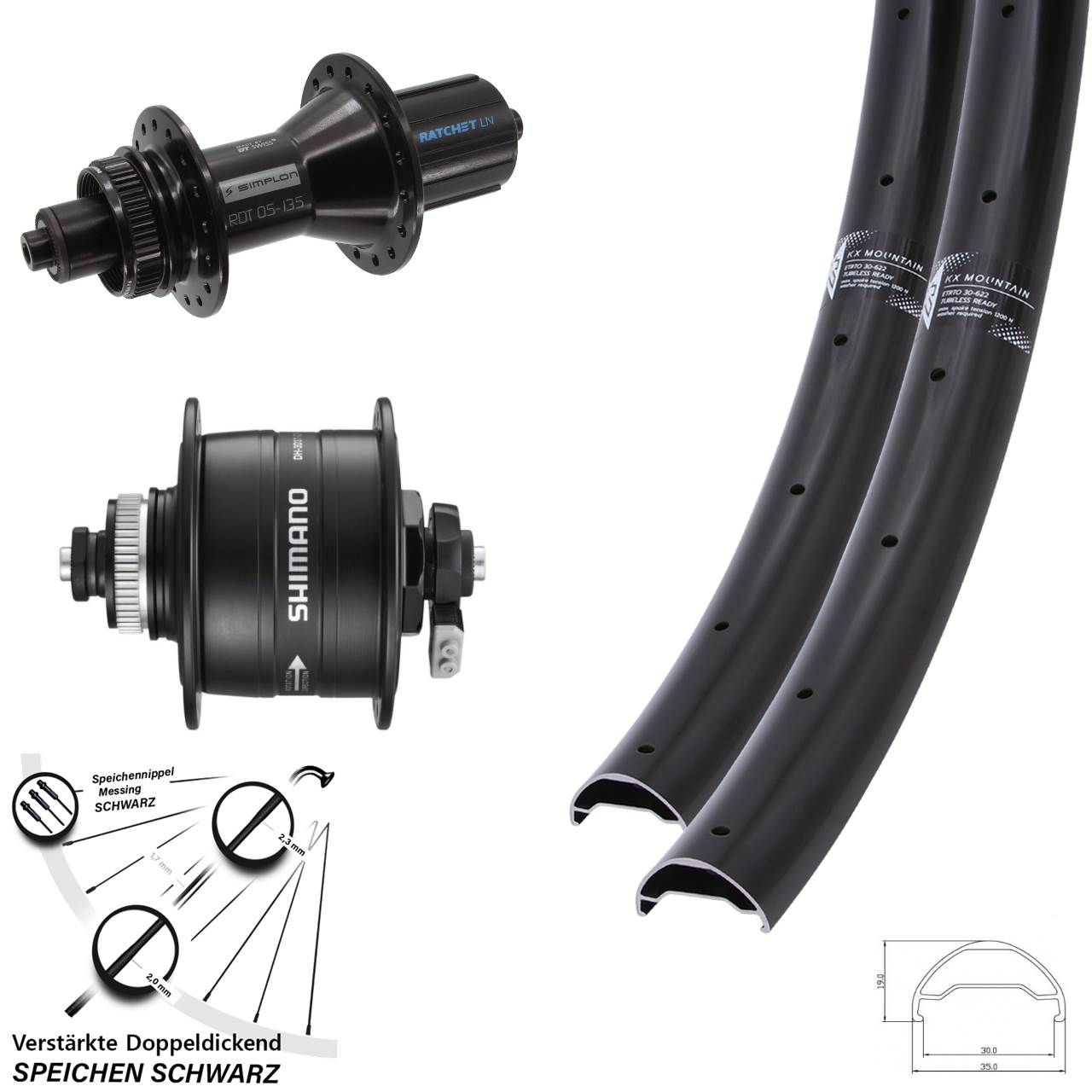29 Zoll KX Mountain TR 370 Hybrid Shimano DH-3D37 Centerlock Laufradsatz QR 8-11 fach HG