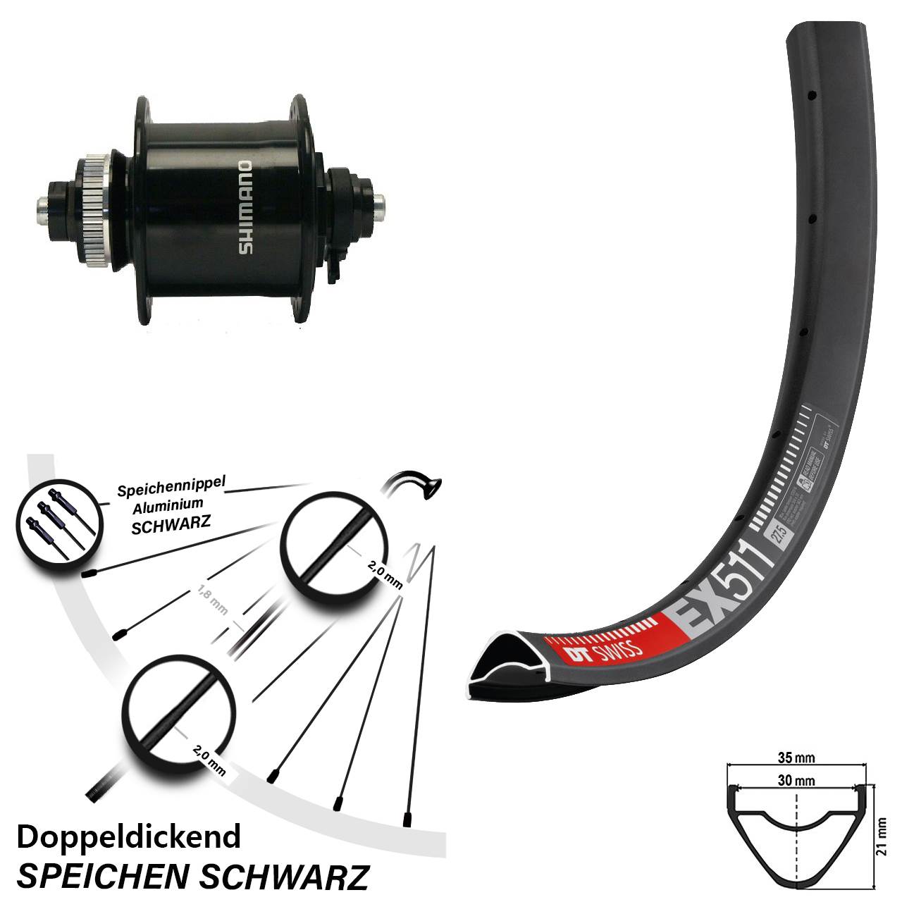 Disc Laufrad mit Nabendynamo für Schnellspanner 27,5 Zoll DT Swiss EX511 Shimano DH-UR700