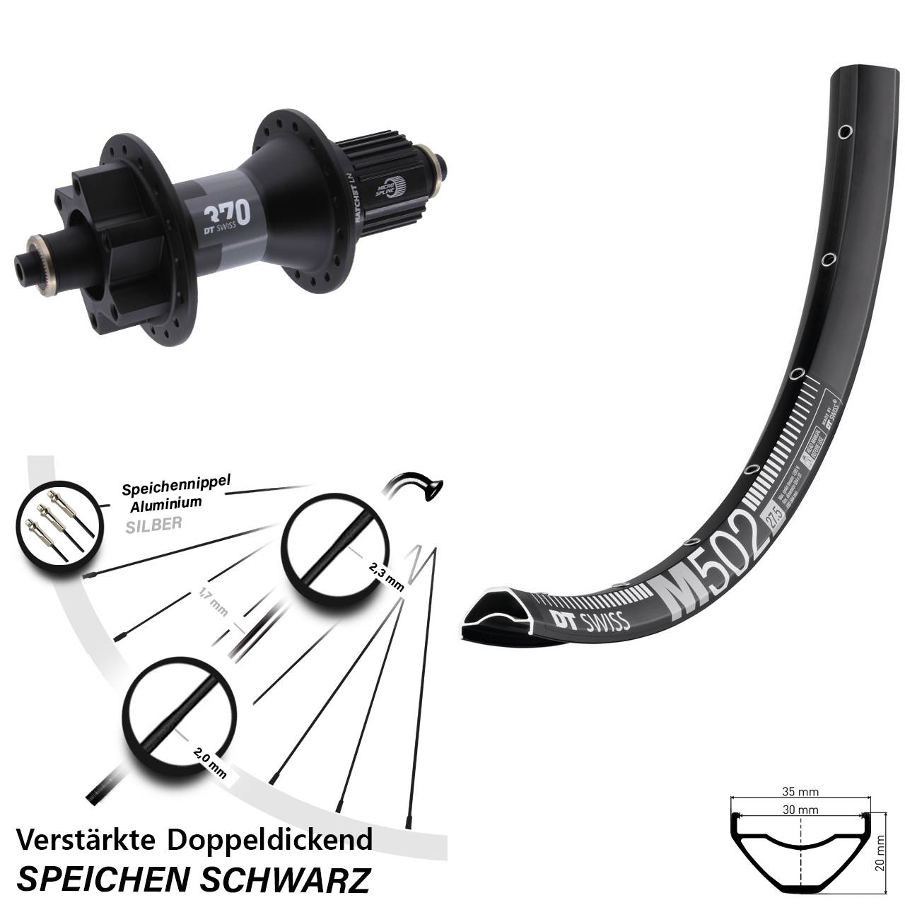 DT Swiss M 502-370 Hybrid 29 Zoll Laufrad für Schnellsp. Shimano Micro Spline