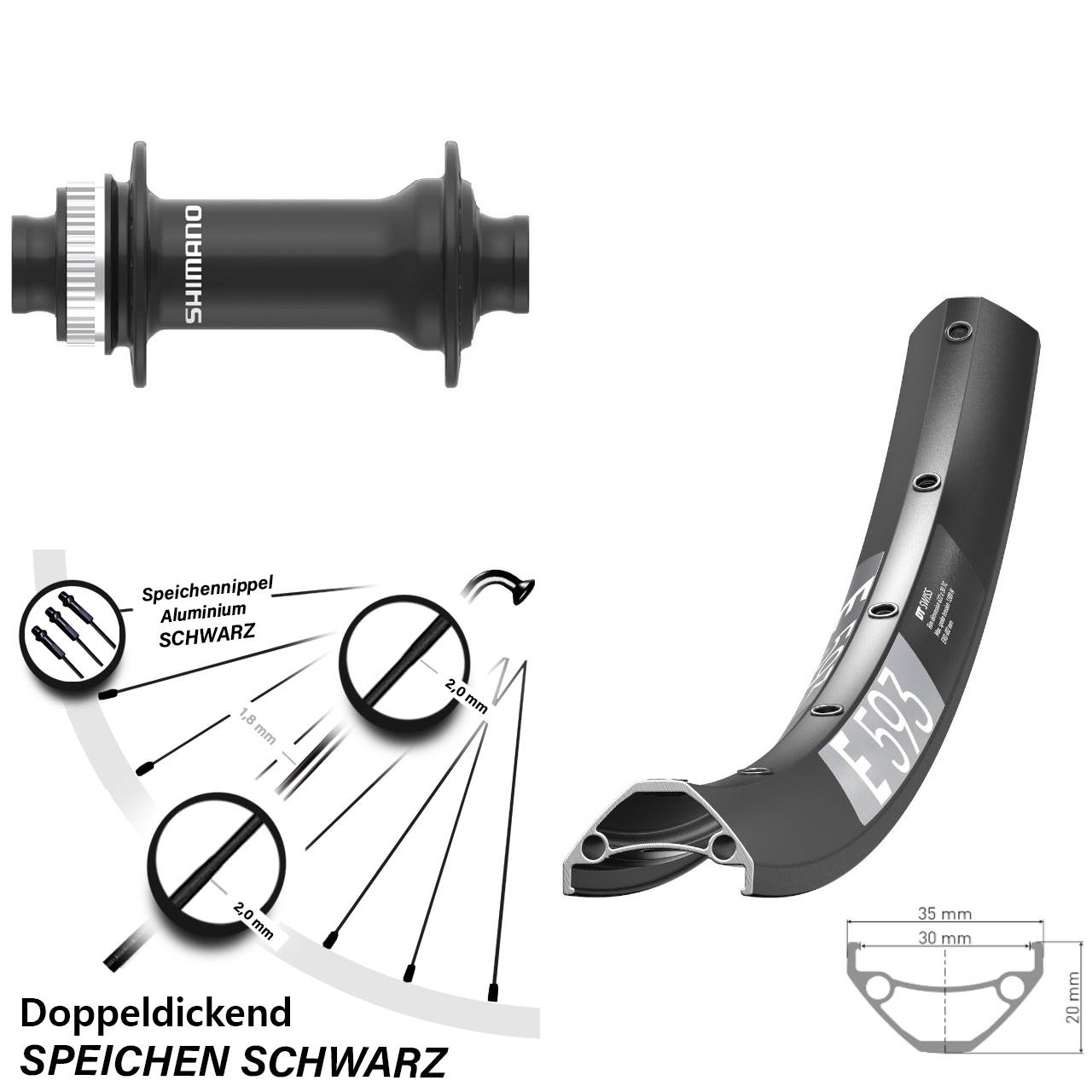 29 Zoll DT Swiss E593 Shimano HB-MT410-B Centerlock Vorderrad 15x110 Boost