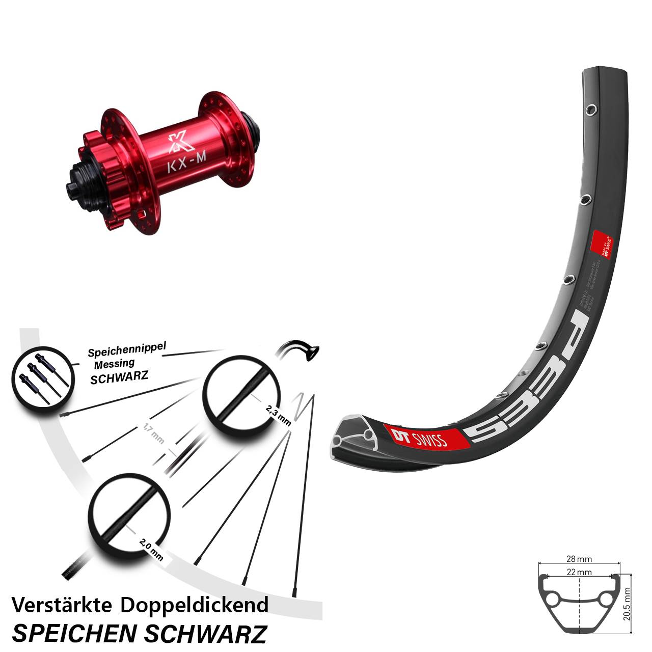 Disc Laufrad für Schnellspanner 26 Zoll DT Swiss 533d KX-M rot