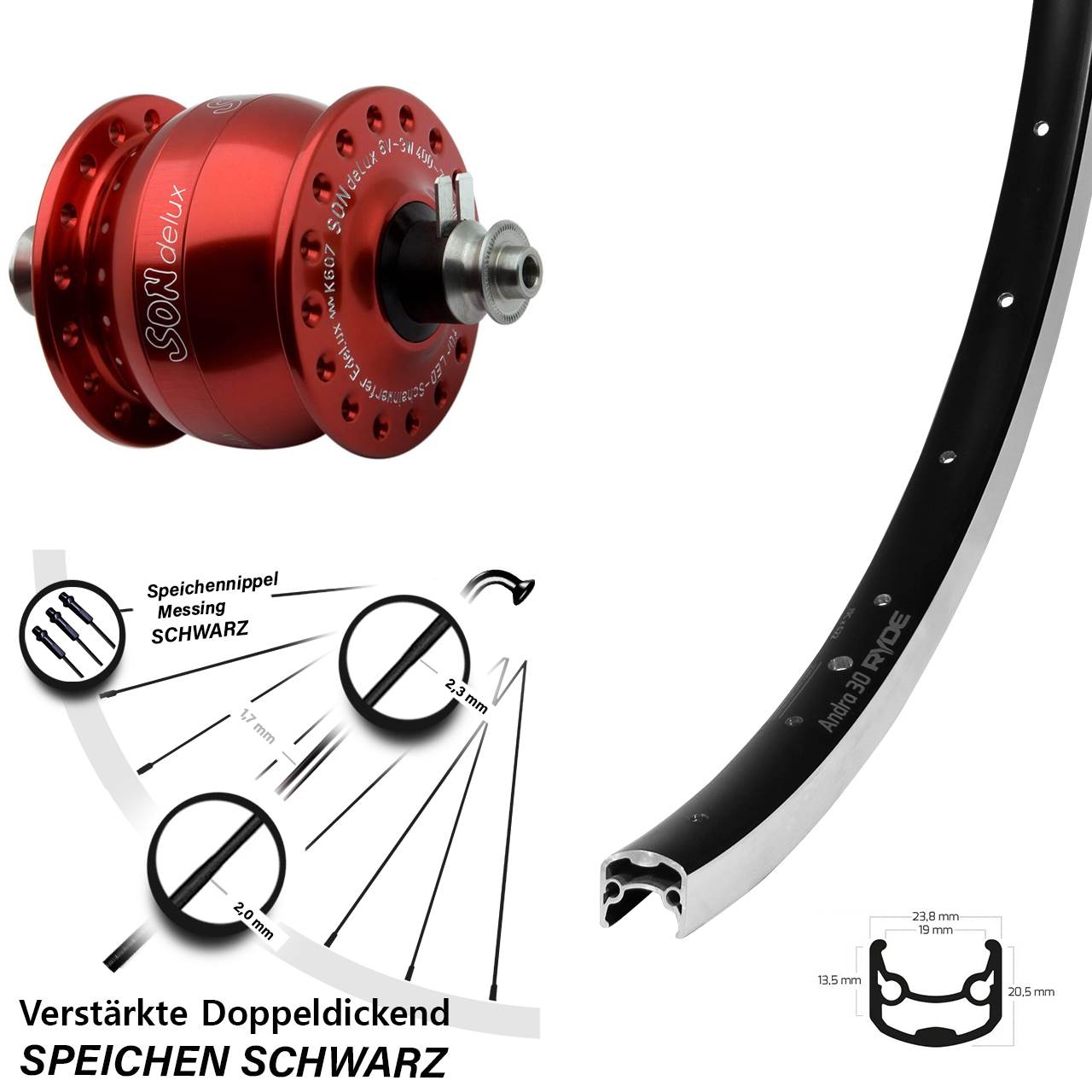 SON delux rot Ryde Andra 30 28 Zoll Vorderrad mit Nabendynamo QR