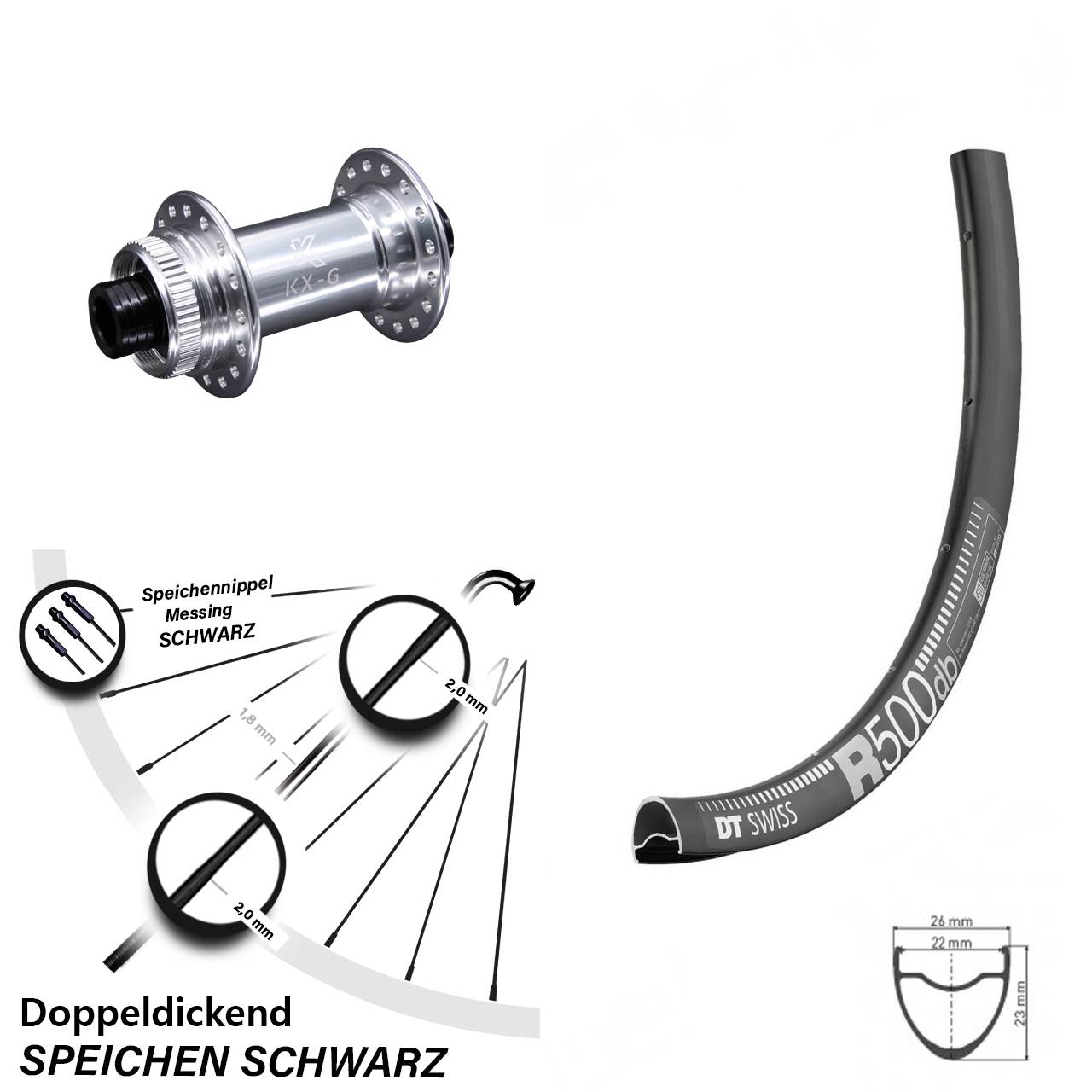 28-29 Zoll Vorderrad DT Swiss R 500 mit KX-G silbern Steckachse 12x100