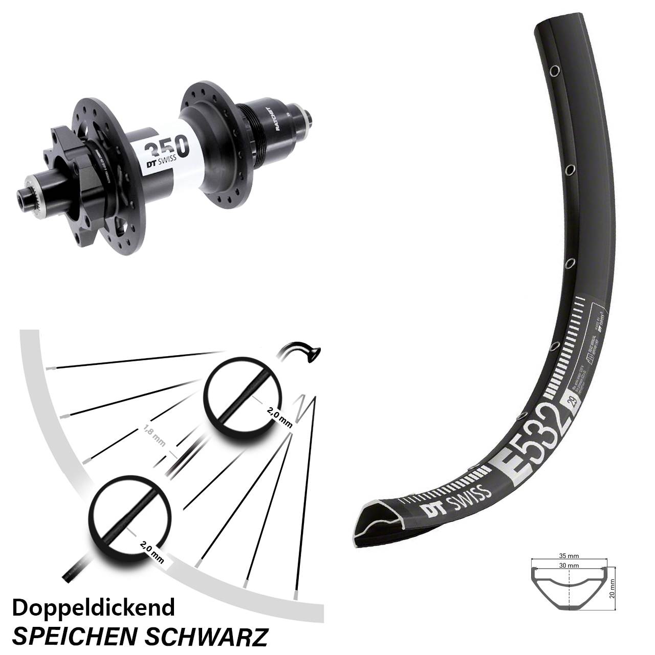 29 Zoll DT Swiss E 532-350 Boost 6-Loch Hinterrad für Schnellspanner Boost XD 11-12 fach