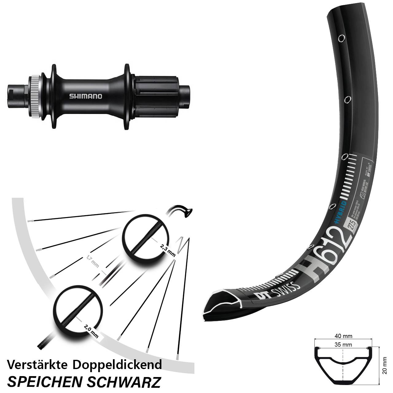Disc Hinterrad 12x142 27,5 Zoll DT Swiss H 612 Shimano FH-MT400 8-11 fach HG