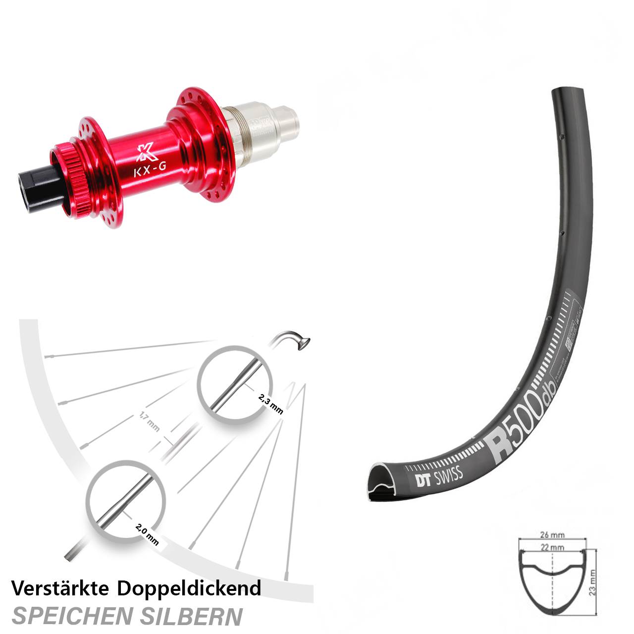Hinterrad Centerlock 28 Zoll DT Swiss R 500 KX-G rot XDR 12x142