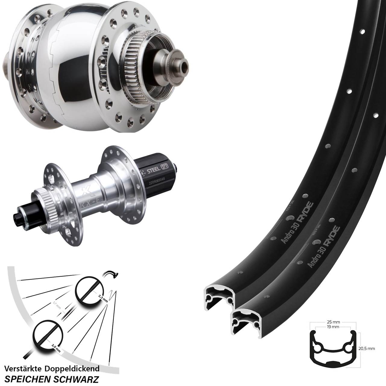 28-29 Zoll Ryde Andra 30 KX-E SON 28 poliert Disc Laufrad-Satz QR 8-12 fach HG